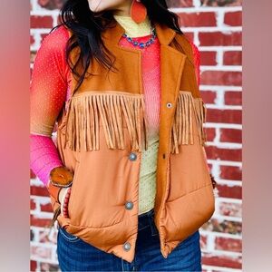 Two 2 Fly Company Women’s Ya’ll Fly Western Fringe Cognac Puffer Vest Size 3X